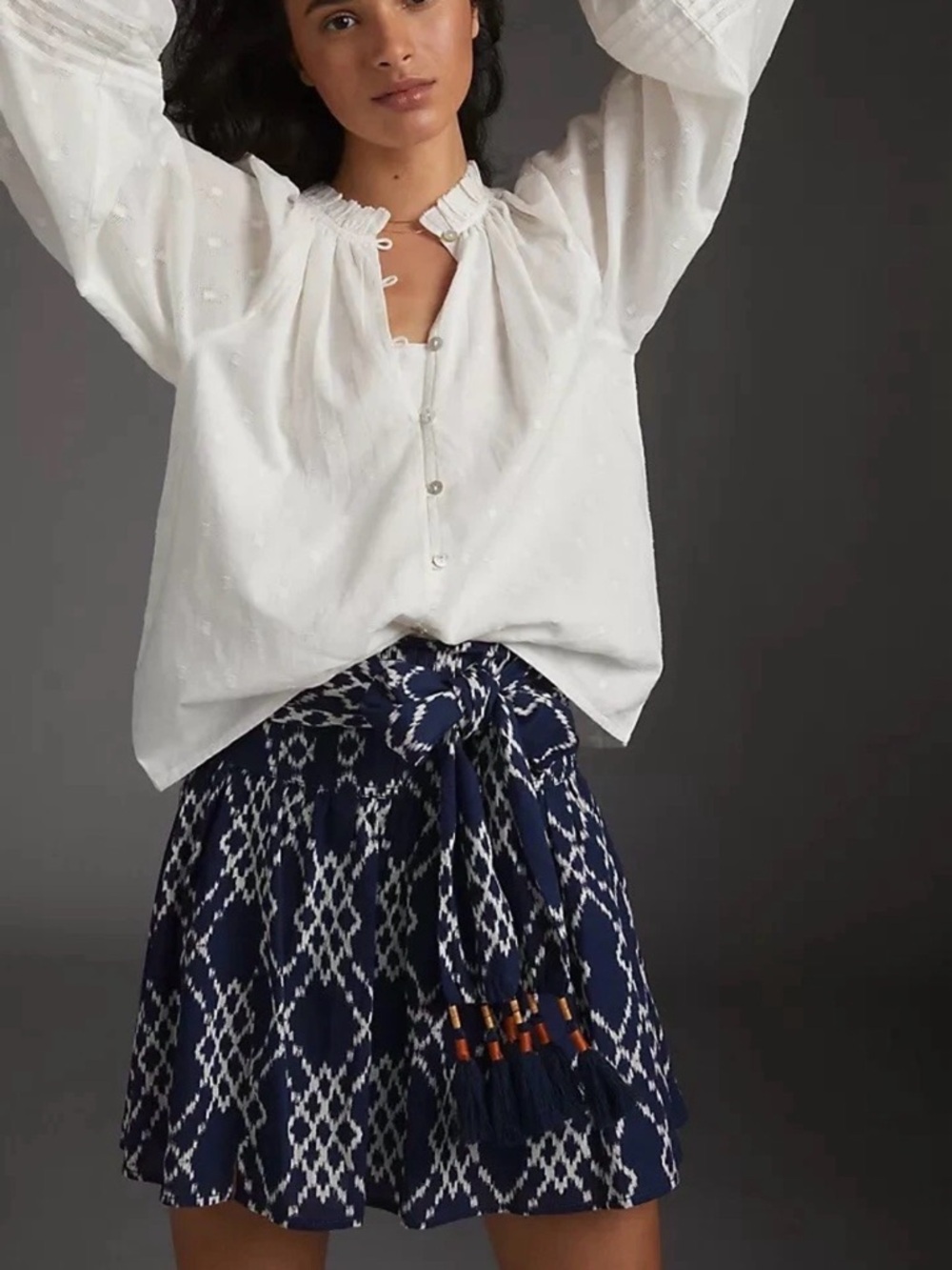 Anthropologie Rimbaud Blue/White Ikat Print Mini Skirt Sz Large Smocked Waist